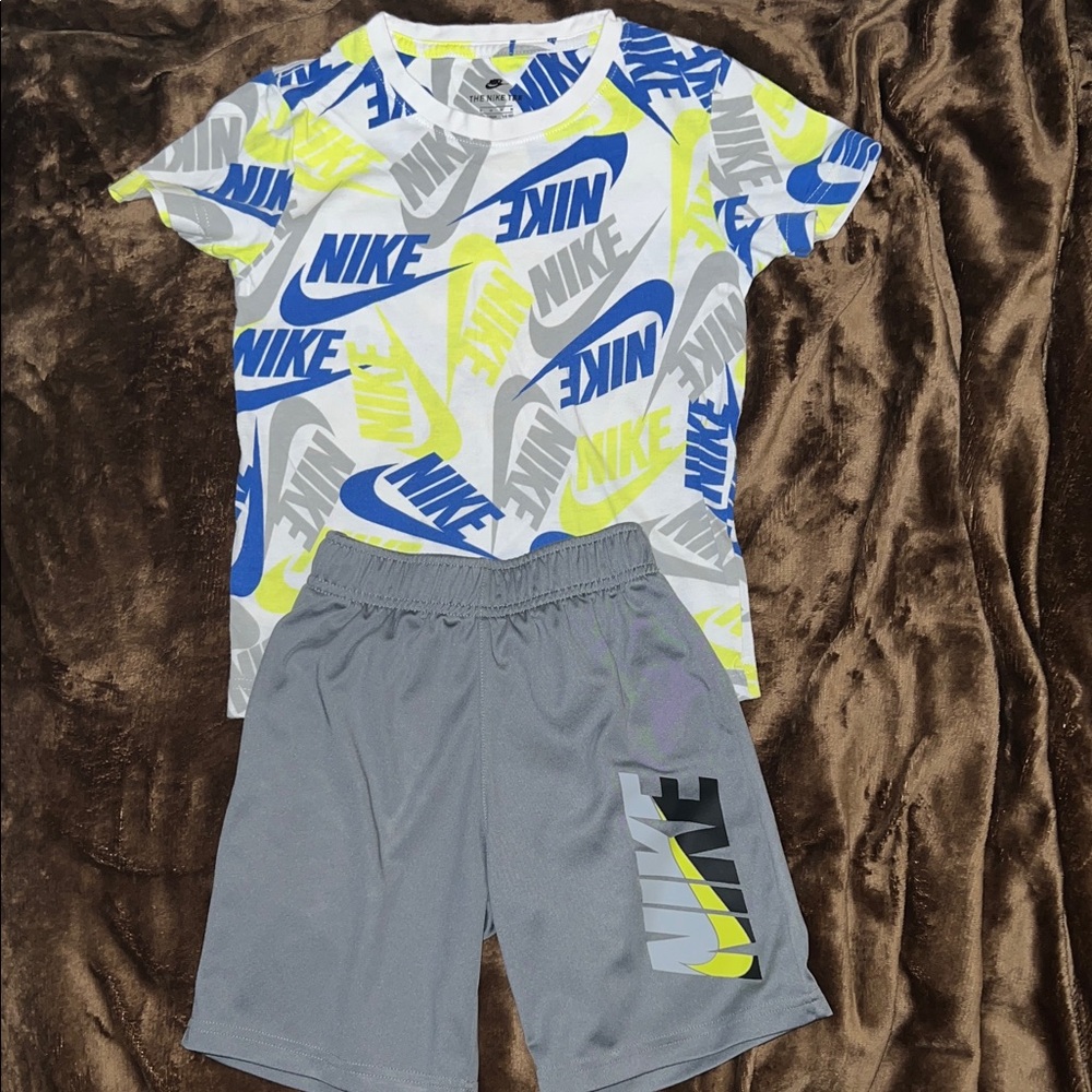 Nike Blue and Yellow Graphic Tee with Gray Shorts